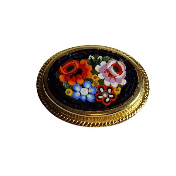 Vintage Italy Micro Mosaic Millefiori 4 Flowers Red Pietra Dura Brooch Pin Oval - Picture 7 of 11